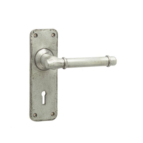 This is an image of a Frelan - Belfry Standard Lever Lock Handles on Backplate - Pewter  that is availble to order from Trade Door Handles in Kendal.