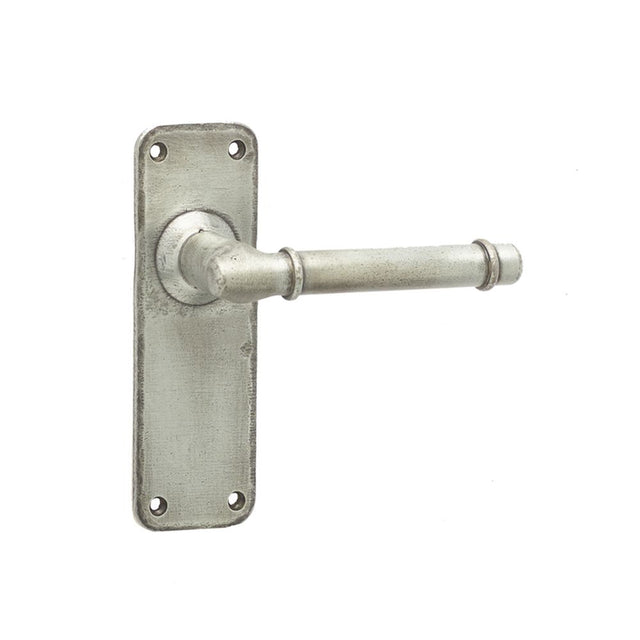 This is an image of a Frelan - Belfry Lever Latch Handles on Backplate - Pewter  that is availble to order from Trade Door Handles in Kendal.