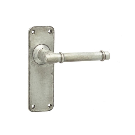 This is an image of a Frelan - Belfry Lever Latch Handles on Backplate - Pewter that is availble to order from Trade Door Handles in Kendal.