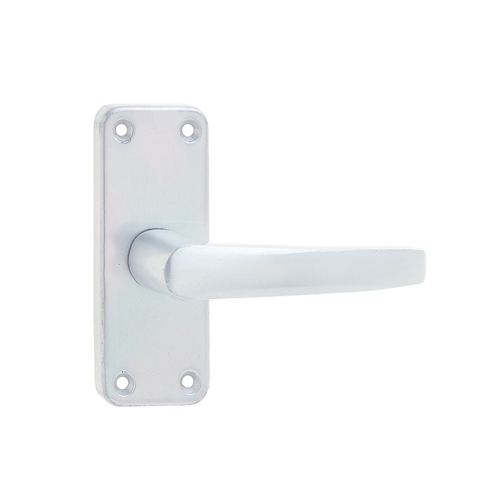 This is an image of a Frelan - Contract Door Handle on Short Latchplate Satin Anodised Aluminium  that is availble to order from Trade Door Handles in Kendal.