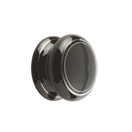 This is an image of a Frelan - Porcelain 32mm Dia. Cabinet Knob - Black/Silver Line  that is availble to order from Trade Door Handles in Kendal.