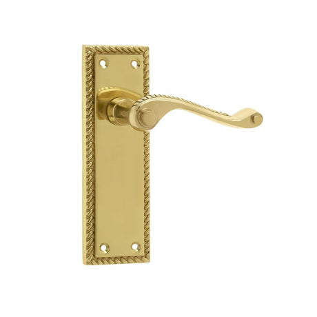 This is an image of a Frelan - Georgian Suite Door Handle on Long Latchset Plate Polished Brass  that is availble to order from Trade Door Handles in Kendal.