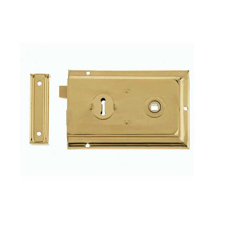 This is an image of a Frelan - 152.5x102mm PB Rim lock   that is availble to order from Trade Door Handles in Kendal.