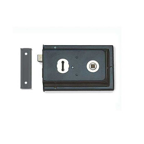 This is an image of a Frelan - 152.5x102mm Black Rim lock   that is availble to order from Trade Door Handles in Kendal.