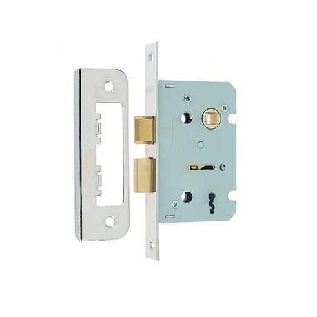 This is an image of a Frelan - 63mm NP 2/L sashlock square forend & radiused strike plate  that is availble to order from Trade Door Handles in Kendal.
