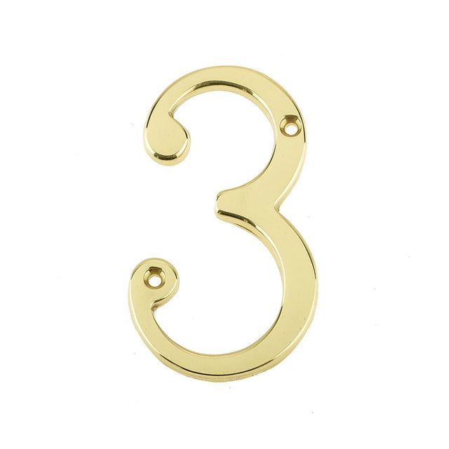 This is an image of a Frelan - 75MM PB Screwfix numeral 3  that is availble to order from Trade Door Handles in Kendal.