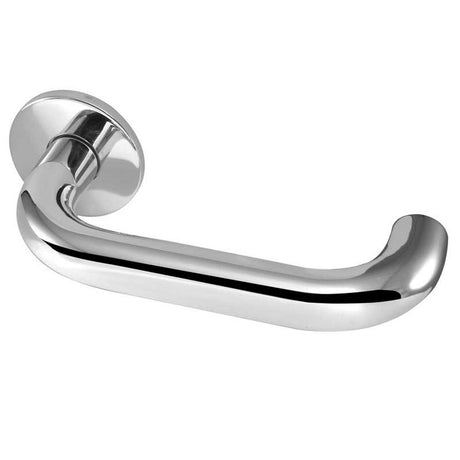 This is an image of a Frelan - Orbit 22mm Lever on Sprung Round Rose - Grade 304 Polished Stainless St  that is availble to order from Trade Door Handles in Kendal.