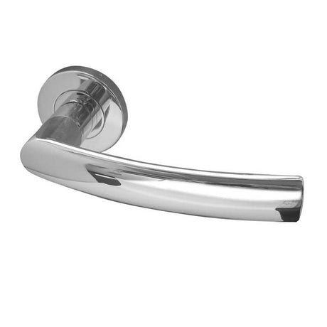 This is an image of a Frelan - Luma Lever on Round Rose - Grade 304 Polished Stainless Steel  that is availble to order from Trade Door Handles in Kendal.