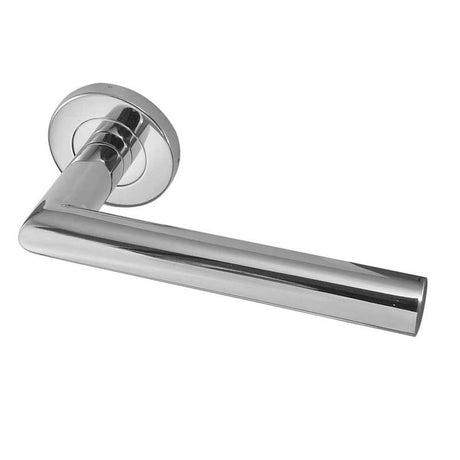 This is an image of a Frelan - Julian Lever on Round Rose - Grade 304 Polished Stainless Steel  that is availble to order from Trade Door Handles in Kendal.