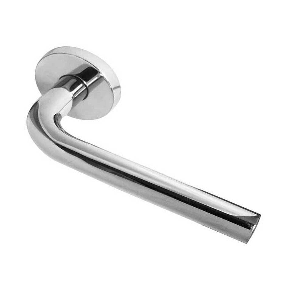 This is an image of a Frelan - Radium Lever on Round Rose - Grade 304 Polished Stainless Steel  that is availble to order from Trade Door Handles in Kendal.