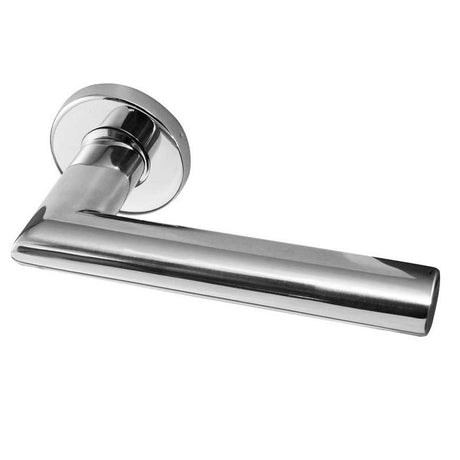 This is an image of a Frelan - Neptune Lever on Round Rose - Grade 304 Polished Stainless Steel  that is availble to order from Trade Door Handles in Kendal.
