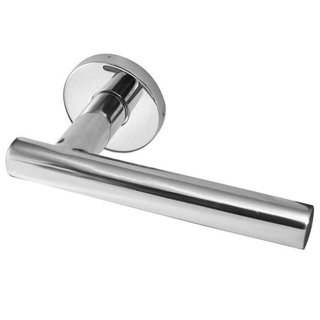 This is an image of a Frelan - Atlanta Lever on Round Rose - Grade 304 Polished Stainless Steel  that is availble to order from Trade Door Handles in Kendal.