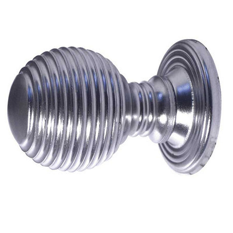 This is an image of a Frelan - Reeded 28mm Dia. Cabinet Knob - Satin Chrome  that is availble to order from Trade Door Handles in Kendal.