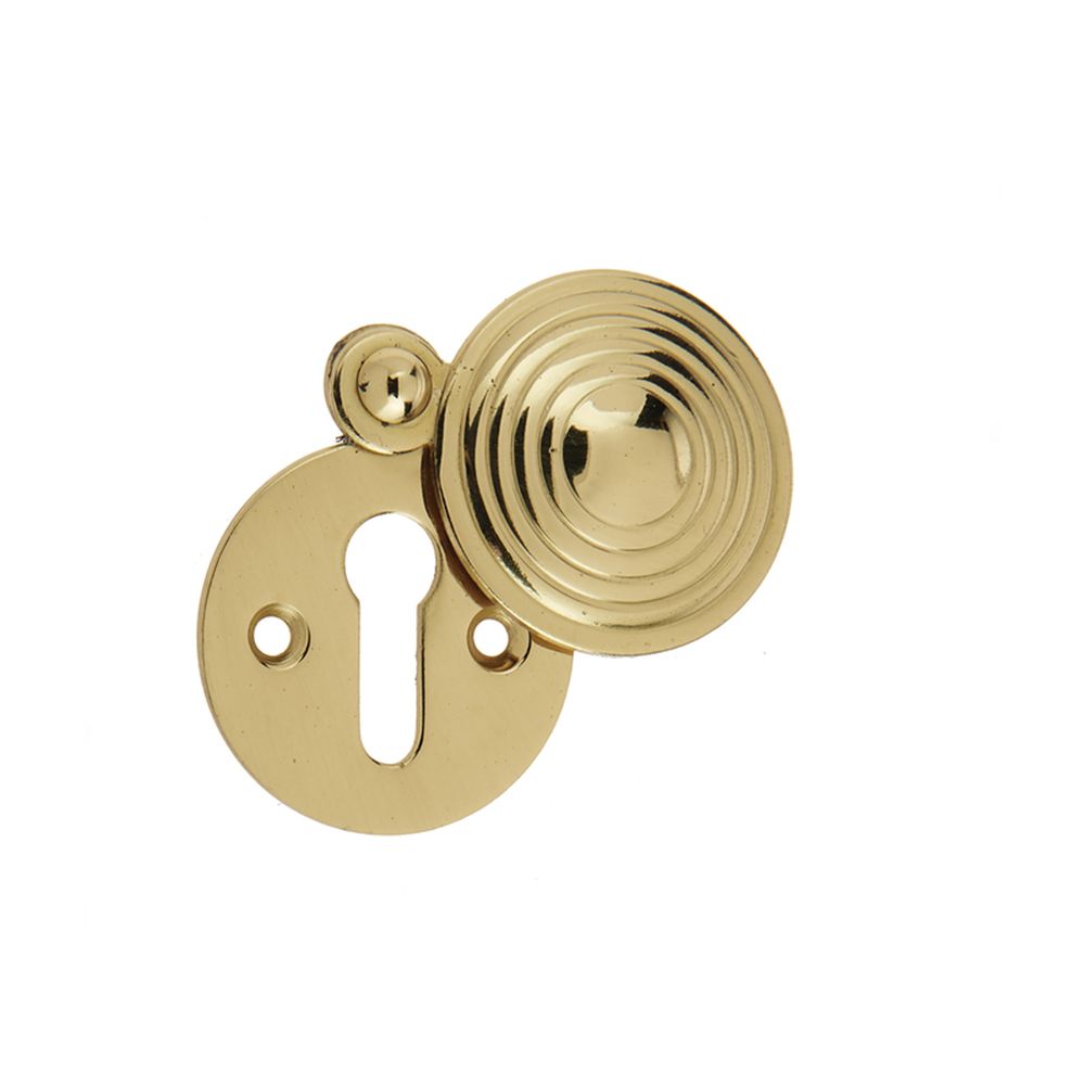 This is an image of a Frelan - 32mm Dia. PB Reeded escutcheon   that is availble to order from Trade Door Handles in Kendal.