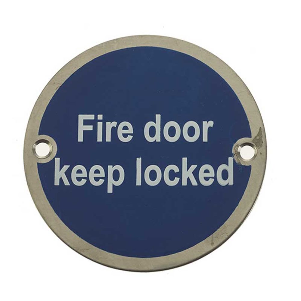 This is an image of a Frelan - Fire Door Keep Locked' - Signage 75mm Dia. - Polished Stainless Steel that is availble to order from Trade Door Handles in Kendal.