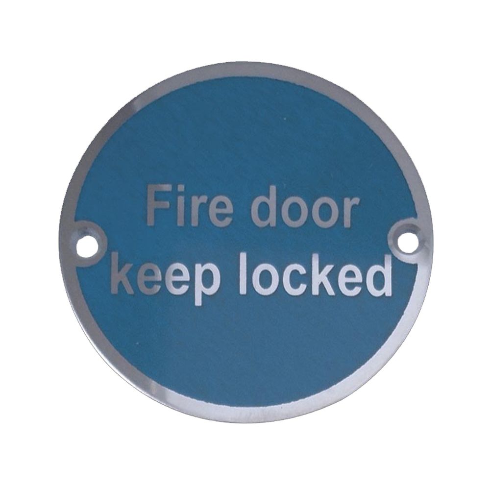 This is an image of a Frelan - Fire Door Keep Locked' - Signage 75mm Dia. - Satin Stainless Steel  that is availble to order from Trade Door Handles in Kendal.