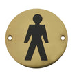 This is an image of a Frelan - Male Sex Symbol - Signage 75mm Dia. - Polished Brass  that is availble to order from Trade Door Handles in Kendal.