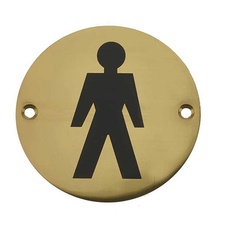 This is an image of a Frelan - Male Sex Symbol - Signage 75mm Dia. - Polished Brass that is availble to order from Trade Door Handles in Kendal.