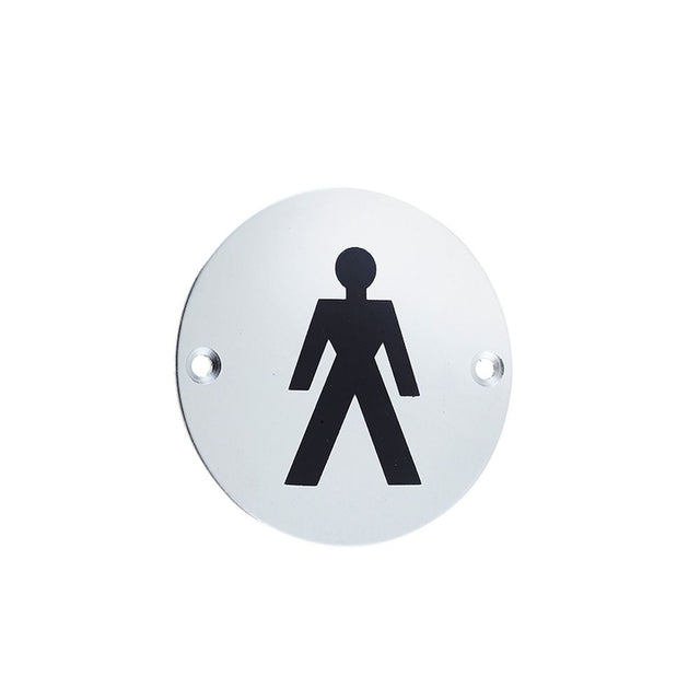 This is an image of a Frelan - Male Sex Symbol - Signage 75mm Dia. - Satin Anodised Aluminium that is availble to order from Trade Door Handles in Kendal.