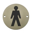 This is an image of a Frelan - Male Sex Symbol - Signage 75mm Dia. - Satin Stainless Steel  that is availble to order from Trade Door Handles in Kendal.