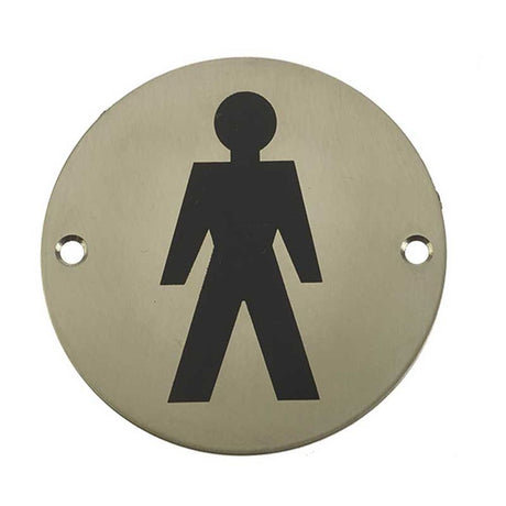 This is an image of a Frelan - Male Sex Symbol - Signage 75mm Dia. - Satin Stainless Steel that is availble to order from Trade Door Handles in Kendal.