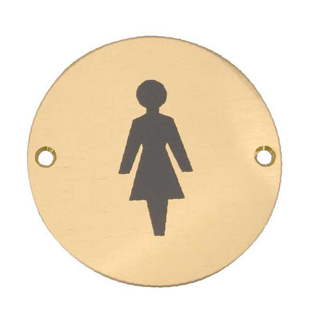 This is an image of a Frelan - Female Sex Symbol - Signage 75mm Dia. - Polished Brass  that is availble to order from Trade Door Handles in Kendal.