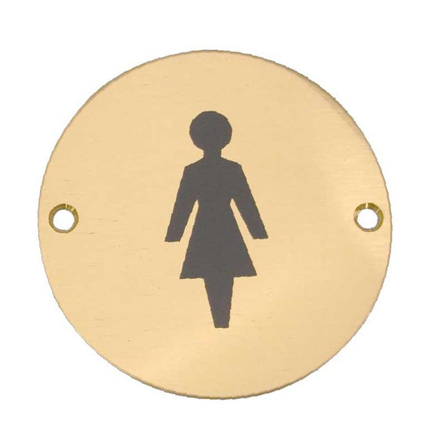 This is an image of a Frelan - Female Sex Symbol - Signage 75mm Dia. - Polished Brass that is availble to order from Trade Door Handles in Kendal.