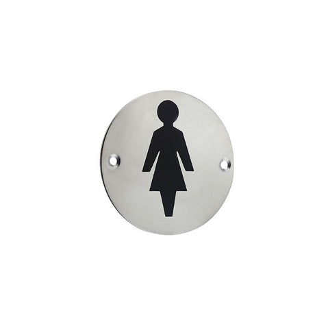 This is an image of a Frelan - Female Sex Symbol - Signage 75mm Dia. - Polished Stainless Steel  that is availble to order from Trade Door Handles in Kendal.