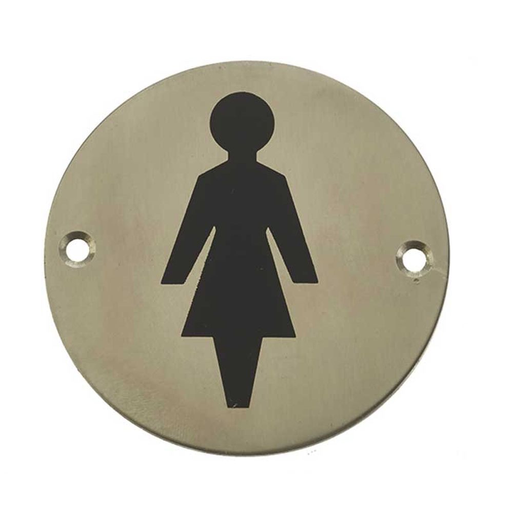 This is an image of a Frelan - Female Sex Symbol - Signage 75mm Dia. - Satin Stainless Steel  that is availble to order from Trade Door Handles in Kendal.