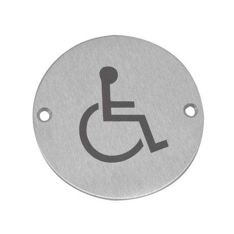 This is an image of a Frelan - Disabled - Signage 75mm Dia. - Satin Stainless Steel that is availble to order from Trade Door Handles in Kendal.