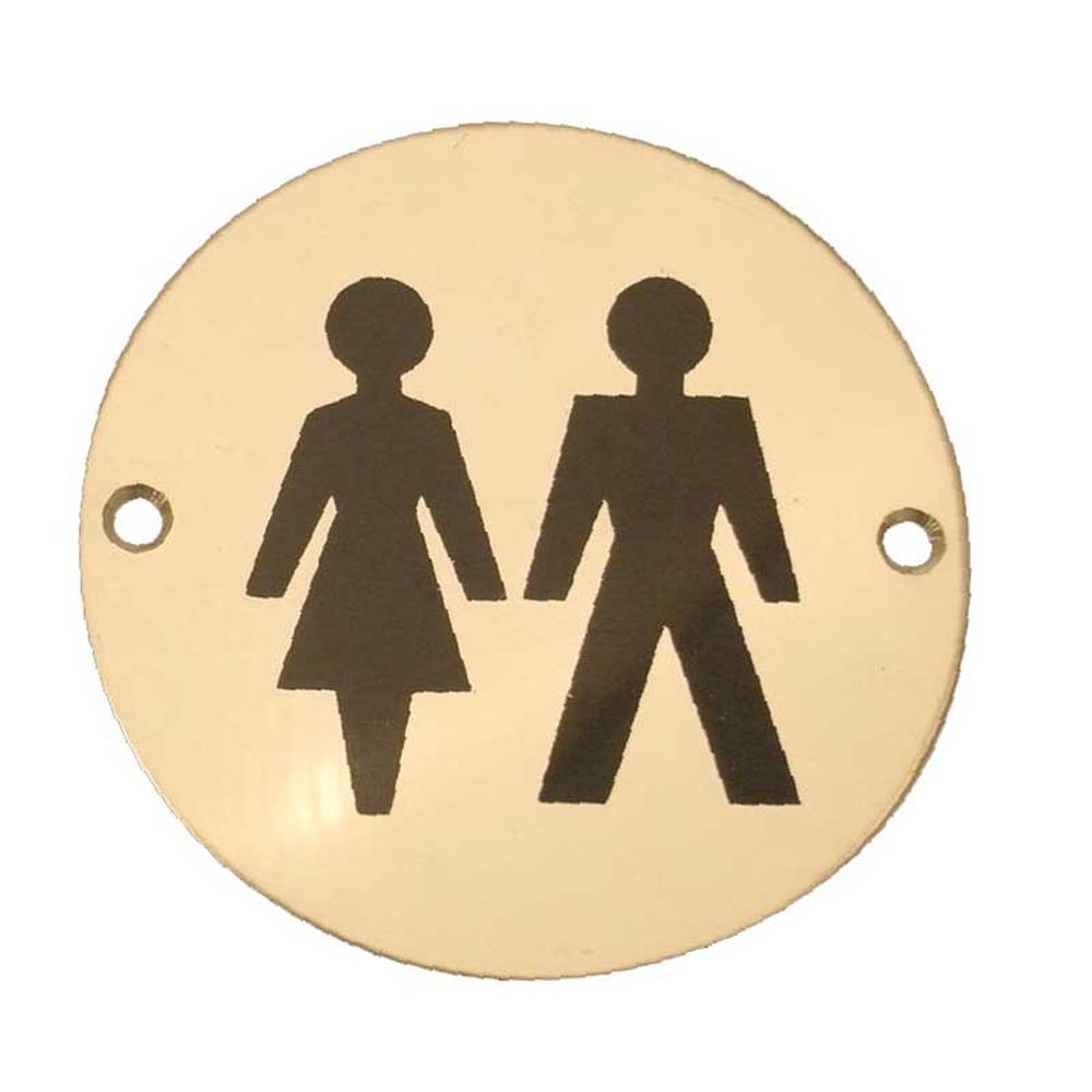 This is an image of a Frelan - UniSex - Signage 75mm Dia. - Polished Brass that is availble to order from Trade Door Handles in Kendal.