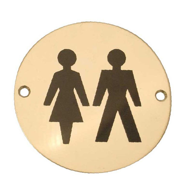 This is an image of a Frelan - UniSex - Signage 75mm Dia. - Polished Brass  that is availble to order from Trade Door Handles in Kendal.