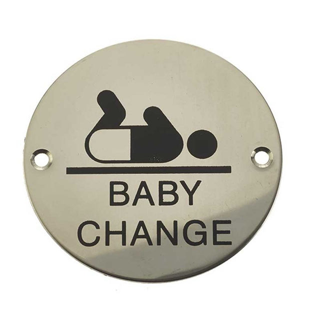 This is an image of a Frelan - Baby Change - Signage 75mm Dia. - Polished Stainless Steel  that is availble to order from Trade Door Handles in Kendal.
