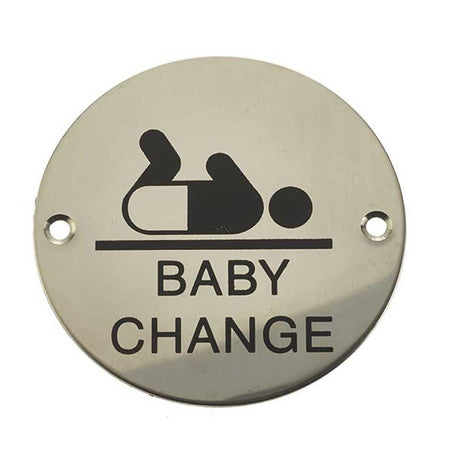 This is an image of a Frelan - Baby Change - Signage 75mm Dia. - Polished Stainless Steel that is availble to order from Trade Door Handles in Kendal.