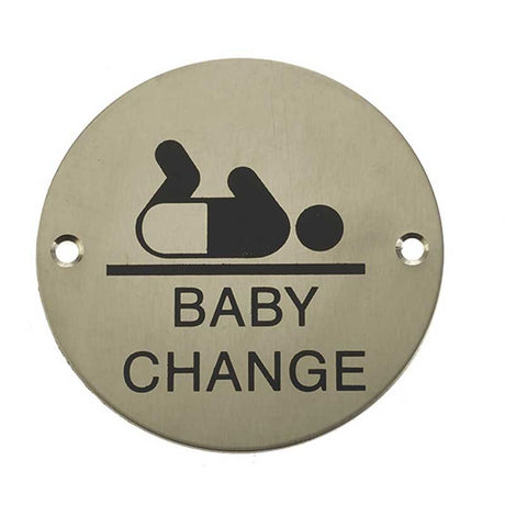 This is an image of a Frelan - Baby Change - Signage 75mm Dia. - Satin Stainless Steel that is availble to order from Trade Door Handles in Kendal.