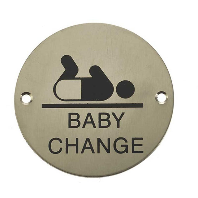 This is an image of a Frelan - Baby Change - Signage 75mm Dia. - Satin Stainless Steel  that is availble to order from Trade Door Handles in Kendal.