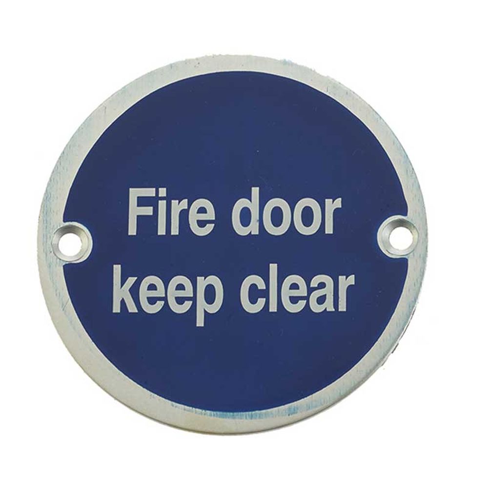 This is an image of a Frelan - Fire Door Keep Clear - Signage 75mm Dia. - Satin Anodised Aluminium  that is availble to order from Trade Door Handles in Kendal.