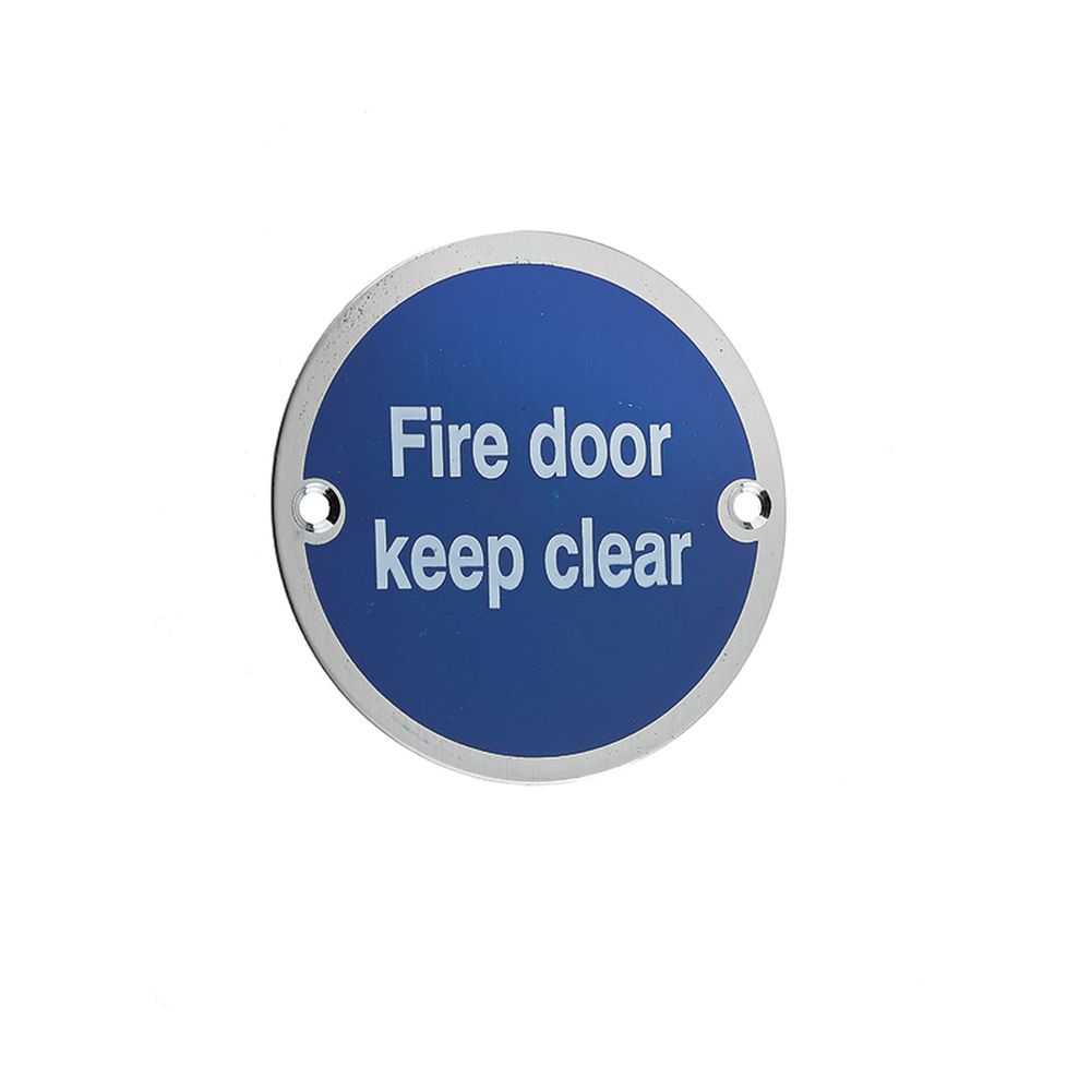 This is an image of a Frelan - Fire Door Keep Clear - Signage 75mm Dia. - Satin Stainless Steel that is availble to order from Trade Door Handles in Kendal.