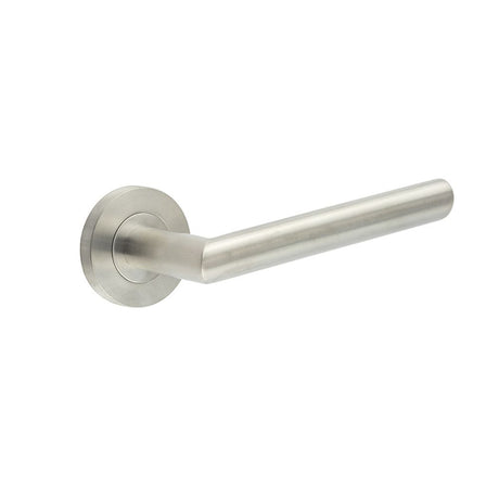 This is an image of a Frelan - 19mm dia SSS Jupiter oval lever on 8mm rose grade 304  that is availble to order from Trade Door Handles in Kendal.