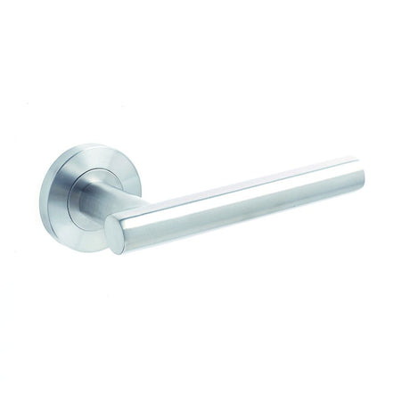 This is an image of a Frelan - Atlanta Lever on Round Rose - Grade 304 Satin Stainless Steel  that is availble to order from Trade Door Handles in Kendal.