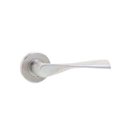 This is an image of a Frelan - Vecta Lever on Round Rose - Grade 304 Satin Stainless Steel  that is availble to order from Trade Door Handles in Kendal.