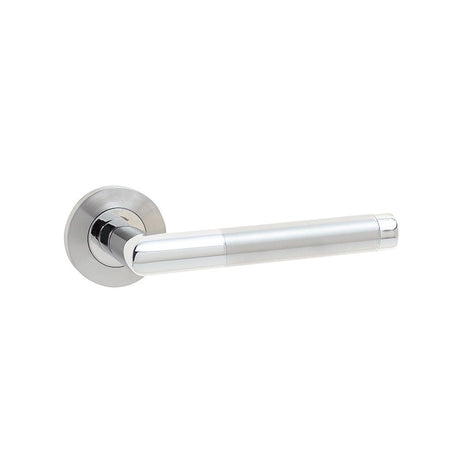 This is an image of a Frelan - Cambrio Lever on Round Rose - Grade 304 Satin Stainless Steel/Polished  that is availble to order from Trade Door Handles in Kendal.