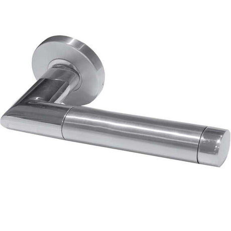 This is an image of a Frelan - Saturn Lever on Round Rose - Grade 304 Satin Stainless Steel/Polished S  that is availble to order from Trade Door Handles in Kendal.
