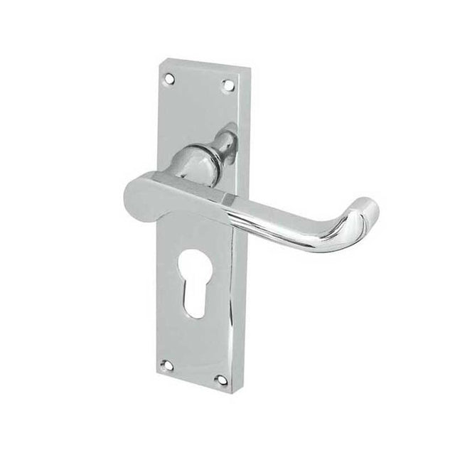 This is an image of a Frelan - Victorian Scroll Door Handle on Euro Profile Lockplate Polished Chrome  that is availble to order from Trade Door Handles in Kendal.