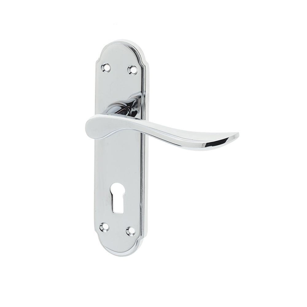 This is an image of a Frelan - Henley Standard Lever Lock Handles on Backplate - Polished Chrome  that is availble to order from Trade Door Handles in Kendal.