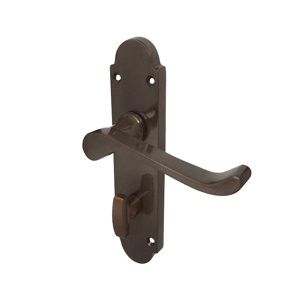 This is an image of a Frelan - Epsom Bathroom Lock Handles on Backplates - Dark Bronze  that is availble to order from Trade Door Handles in Kendal.