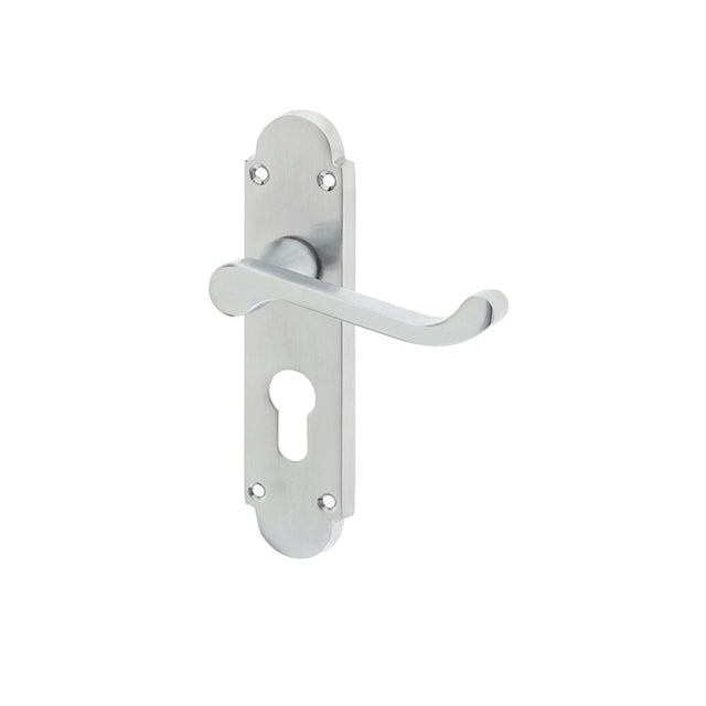 This is an image of a Frelan - Epsom Euro Lock Profile Handles on Backplates - Satin Chrome  that is availble to order from Trade Door Handles in Kendal.