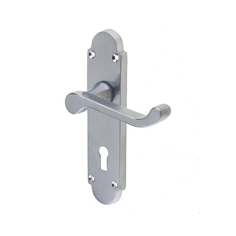 This is an image of a Frelan - Epsom Standard Lock Handles on Backplates - Satin Chrome  that is availble to order from Trade Door Handles in Kendal.
