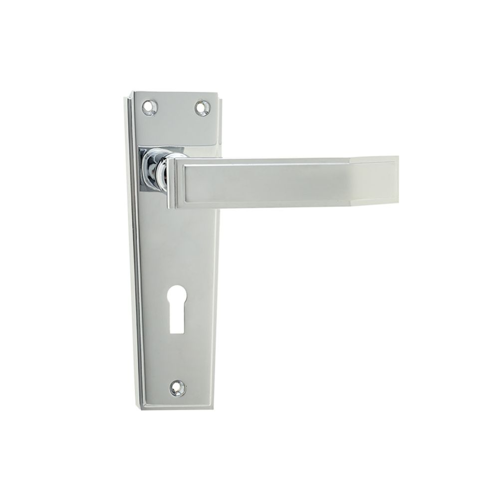 This is an image of a Frelan - Deco Standard Lever Lock Handles on Backplates - Polished Chrome  that is availble to order from Trade Door Handles in Kendal.