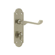 This is an image of a Frelan - Sherborne Bathroom Lock Handles on Backplates - Satin Nickel  that is availble to order from Trade Door Handles in Kendal.